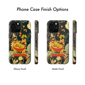 Phone case finish options of personalized vintage Autumn floral pattern iPhone Tough case with large initials.