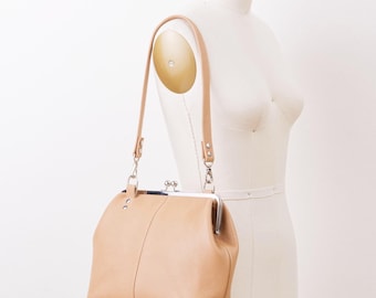 Leather Kiss Lock Frame Handbag, Pebble Grain Cowhide Retro Look Bag, Removable Shoulder Strap, Multiple Color Options, Vintage Style Purse