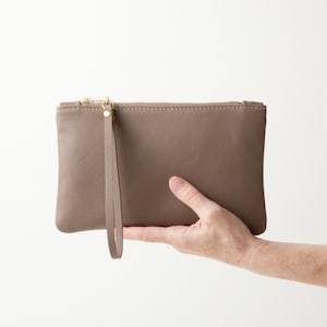 Dark Taupe Leather Wristlet, Minimal Zipper Clutch with Wrist Strap, Cell Phone Pouch with Leather and Hardware Color Options, Gift for Mom