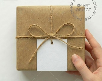 Rustic Square Gift Tag Mockup with Box and Hand | PSD Photopea Smart Object Template