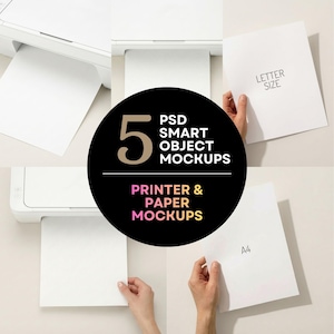May include: A composite image showing five PSD smart object mockups for printers and paper. The central graphic is a black circle with the number 5 in gold, and the text "PSD Smart Object Mockups" and "Printer & Paper Mockups" in white and pink.