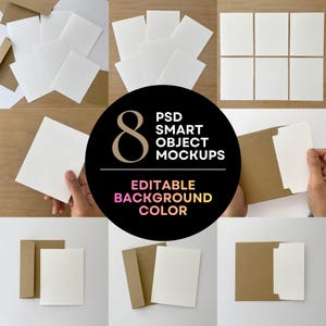 May include: A collection of white square cards and brown envelopes. The image features eight PSD smart object mockups with editable background color. The cards are arranged in various layouts, some with hands holding them.