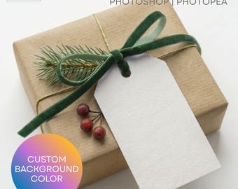 Neutral Christmas Gift Tag Mockup | Editable Background PSD Smart Object