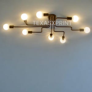 May include: A ceiling-mounted light fixture with eight glowing, round light bulbs. The fixture has a dark bronze finish and a unique, branching design. The text "TEXASXPRINT" is visible on the fixture.