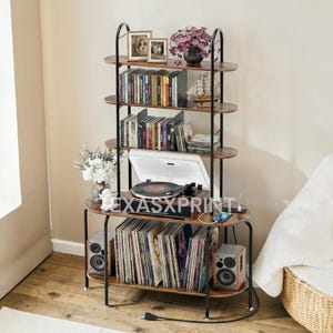 Rustic Record Player Stand with Storage | 5-Tier Turntable Stand with Charging Station | CD & Vinyl Record Shelf with Book Stoppers