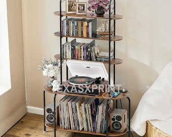 Rustic Record Player Stand with Storage | 5-Tier Turntable Stand with Charging Station | CD & Vinyl Record Shelf with Book Stoppers