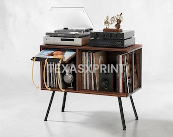 Vintage Mid Century Record Player Stand  Flip Top Turntable Table Holds 150+ Albums  Stereo Cabinet with Open Storage