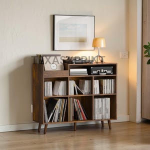 Vinyl Record Player Stand with Storage Cabinet  Wood Turntable Table Holds 500 Albums  Large Open Shelf Organizer