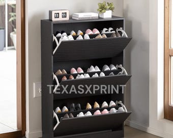 Hidden Wood Shoe Cabinet with 3 Flip Drawers  Freestanding Shoe Storage Cabinet for Entryway & Hallway