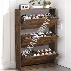 Shoe Storage Cabinet with Flip Drawers | Wooden Entryway Hallway Organizer | Freestanding Hidden Shoe Cabinet