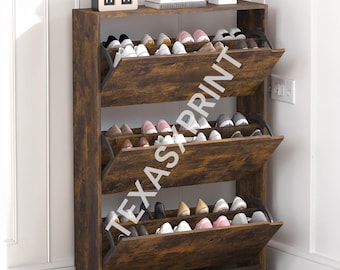Shoe Storage Cabinet with Flip Drawers | Wooden Entryway Hallway Organizer | Freestanding Hidden Shoe Cabinet