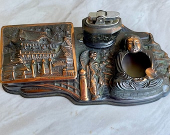 Vintage Japanese Metal Buddha and Temple Ashtray, Comes with Cigarette Box Holder & Lighter, Collectible Ashtray