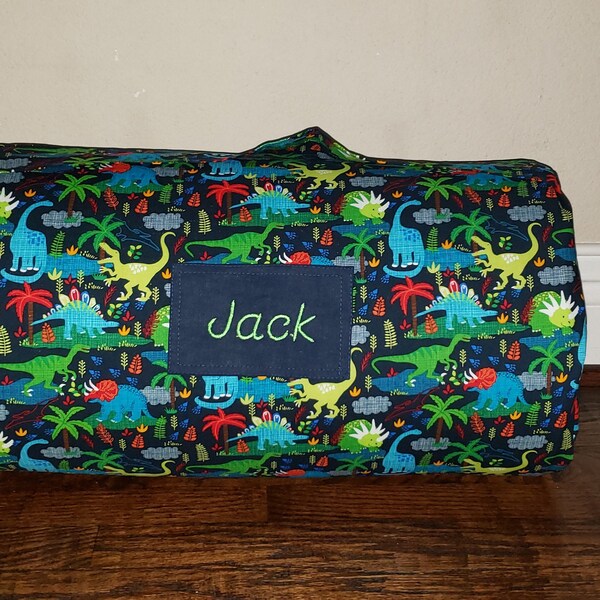 Ready To Ship DINOSAUR Friends Personalized Kids Kindergarten Nap Mat Navy Dotted Minky Blanket