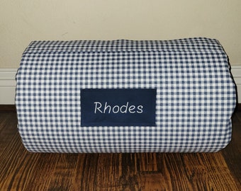 Navy/White Gingham Plaid Kids Preschool Personalized Check Nap Mat Kinder Toddler Travel Sleeping Mat w/Dotted Minky Blanket Attached Pillow