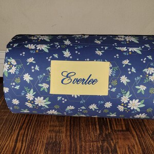 Flowers on Navy Personalized Kids Preschool Nap Mat Light Blue Dotted Minky Blanket