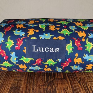 Dinosaur Friends Kids Personalized Preschool Nap Mat Navy Dotted Minky Blanket