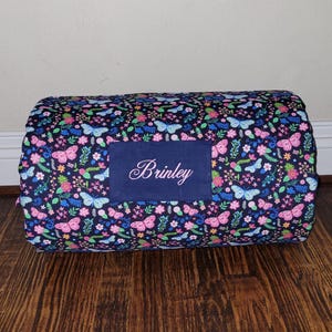 Ready To Ship Butterfly Flowers Kids Personalized Nap Mat Navy Dotted Minky Blanket