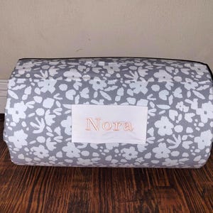 Grey White Flowers Kids Preschool Personalized Nap Mat Soft Pink Dotted Minky Blanket