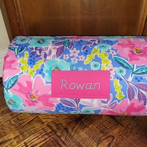 Ready To Ship Blue Pink Contemporary Floral Personalized Kids Nap Mat Hot Pink Dotted Minky Blanket