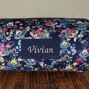 Ready To Ship Floral Flowers on Navy Kids Personalized Nap Mat Lavender Dotted Minky Blanket