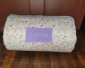 Ready To Ship Rainbows on Grey Kids Preschool Personalized Toddler Nap Mat Daycare Kindergarten Sleeping Mat Attached Dotted Minky Blkt wPLW