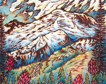 Mt. Rainier Wood Burning Art, Acrylic Painting - Print