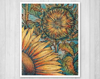 Girasoles, arte pirograbado, pintura acrílica - Impresión de 28 x 35 cm