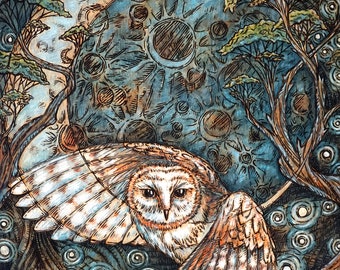 Barn Owl and Moon Wood Burning Art, Acrylic Painting - Print 11x14"