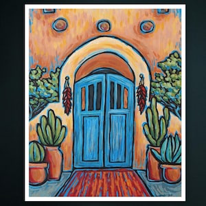 May include: An acrylic painting of a Southwestern style building entrance. The painting features a turquoise blue door, a red rug, and potted cacti. The building has an orange facade with a yellow archway and decorative elements.