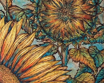 Sunflowers Wood Burning Art, Acrylic Painting - Print 11x14"