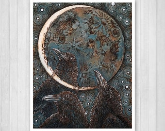 May include: An illustration featuring three black crows gazing upwards towards a crescent moon. The moon is detailed with a textured surface and surrounded by a dark blue background with circular patterns. The artwork has a mystical theme.