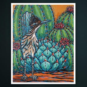 Roadrunner, cactussen en vetplanten, Southwest Art - afdruk