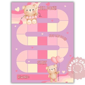 以下が含まれることがあります： 風船と「LOVE」と書かれたバナーを持ったテディベアが特徴のピンクと紫の報酬チャート。「WELL DONE!」、「YOU CAN DO IT!」、「START」、「REWARD:」の文字とハートのアクセントが含まれています。