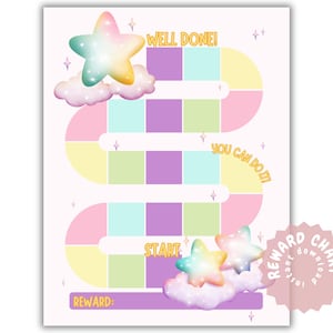 Op de afbeelding: Een pastelkleurige beloningskaart met een grillig ontwerp. De kaart heeft een kronkelend pad met kleurrijke vierkanten en stervormige accenten. Tekst bevat "Goed gedaan!" en "Je kan het doen!"