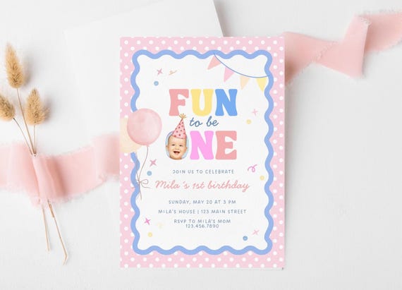 Fun to Be One Birthday Invitation Editable Canva Template, Photo First Birthday Invite Girl, Pink 1st Birthday Party Invitation