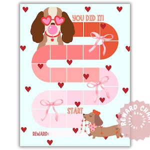 Puede incluir: Un gráfico de recompensas azul claro con un tema de perros. El gráfico presenta un camino con corazones rosas, lazos y las palabras "YOU DID IT!" y "START". También se presenta un perro con gafas en forma de corazón y un perro con una guirnalda en forma de corazón.