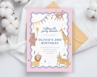 Szablon zaproszenia urodzinowego „Party Animals”, edytowalne zaproszenie Canva, urodziny z motywem zwierząt dżungli, zaproszenie urodzinowe dla dzieci, dziewczynka, zaproszenie do druku