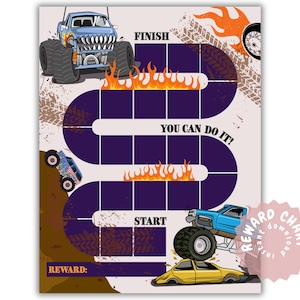 Op de afbeelding: Een beloningsschema met een paars pad, monstertrucks, vlammen en de tekst "FINISH", "YOU CAN DO IT!" en "START". De kaart heeft een lichtbeige achtergrond met bandensporen en een gele auto.
