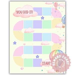 Op de afbeelding: Een pastelkleurige beloningskaart met een kronkelend pad, vierkanten en wolken. De kaart bevat luchtballonnen, sterren en de tekst "YOU DID IT!" en "START". Een decoratief element luidt "REWARD CHART instant download".