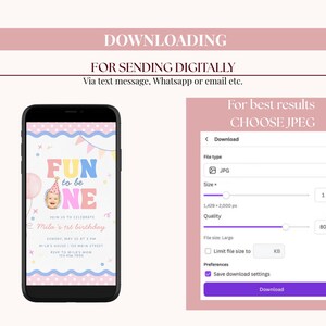 Może przedstawiać: Smartfon wyświetla kolorowe zaproszenie urodzinowe z napisem "FUN to be ONE". Obraz zawiera r&oacute;wnież instrukcje pobierania, w tym wyb&oacute;r typu pliku JPEG oraz dostosowanie rozmiaru i jakości.