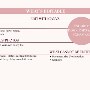 Może przedstawiać: Jasnor&oacute;żowa i biała grafika z tekstem &bdquo;WHAT'S EDITABLE&rdquo; i &bdquo;EDIT WITH CANVA&rdquo;. Tekst opisuje edytowalne funkcje, takie jak tekst, grafika i wydarzenia. R&oacute;żowe koło m&oacute;wi &bdquo;NIEOGRANICZONE POBIERANIE I BEZ WYGAŚNIĘCIA&rdquo;.