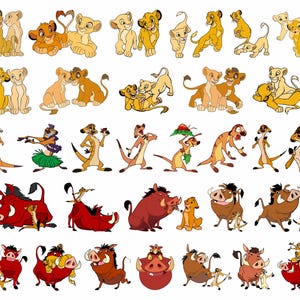 May include: A collection of cartoon characters from the Lion King movie. The characters include Simba, Nala, Timon, Pumbaa, Scar, Mufasa, and more. The characters are all in different poses and expressions.