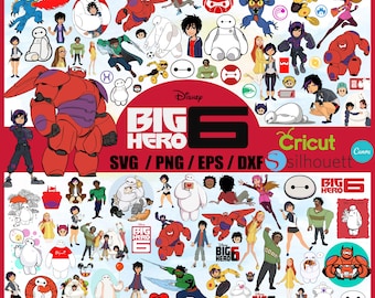 Op de afbeelding: Een verzameling kleurrijke digitale snijbestanden met personages uit de Disney-animatiefilm Big Hero 6. De personages omvatten Baymax, Hiro Hamada en anderen. De bestanden zijn compatibel met Cricut- en Silhouette-snijmachines. De tekst "Big Hero 6" wordt weergegeven op een rood-witte banner.