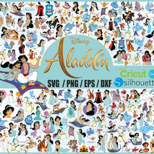 Peut inclure: Une grande collection de personnages de Disney's Aladdin, dont Aladdin, Jasmine, Abu, le Génie, Jafar et Rajah. Les personnages sont représentés dans diverses poses et décors, notamment en train de voler sur un tapis magique, de monter sur un éléphant et de se tenir devant un palais. L'image comprend également le texte "Disney Aladdin SVG / PNG / EPS / DXF Cricut Silhouette".