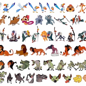 May include: A collection of colorful cartoon animal characters from the Lion King movie. The characters include lions, hyenas, monkeys, birds, and a warthog. The characters are all in different poses and expressions.