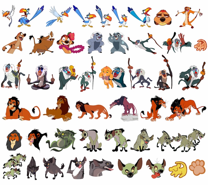May include: A collection of colorful cartoon animal characters from the Lion King movie. The characters include lions, hyenas, monkeys, birds, and a warthog. The characters are all in different poses and expressions.
