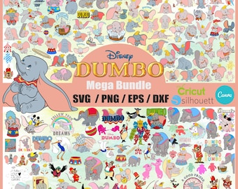 May include: A large collection of colorful Disney Dumbo SVG, PNG, EPS, and DXF files. The images feature Dumbo the elephant, circus tents, and other characters from the Disney movie.