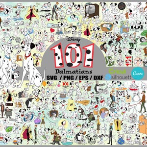 Könnte beinhalten: Ein digitaler Download von 101 Dalmatiner-Dateien im SVG-, PNG-, EPS- und DXF-Format. Das Bild zeigt eine Sammlung von Dalmatiner-Hundekarakteren aus dem Disney-Film, darunter Cruella de Vil, die Welpen und die Eltern, Pongo und Perdita.