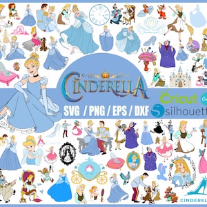 May include: A collection of Cinderella-themed SVG, PNG, EPS, and DXF files for use with Cricut and Silhouette cutting machines. The image features Cinderella, Prince Charming, the Fairy Godmother, and other characters from the Disney movie.