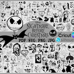 Könnte beinhalten: Eine Sammlung von digitalen Designs im Schwarz-Weiß-Stil zum Thema Nightmare Before Christmas. Das Bild zeigt verschiedene Charaktere und Symbole aus dem Film, zusammen mit dem Titel und Dateitypoptionen wie PDF, SVG, PNG und JPG.